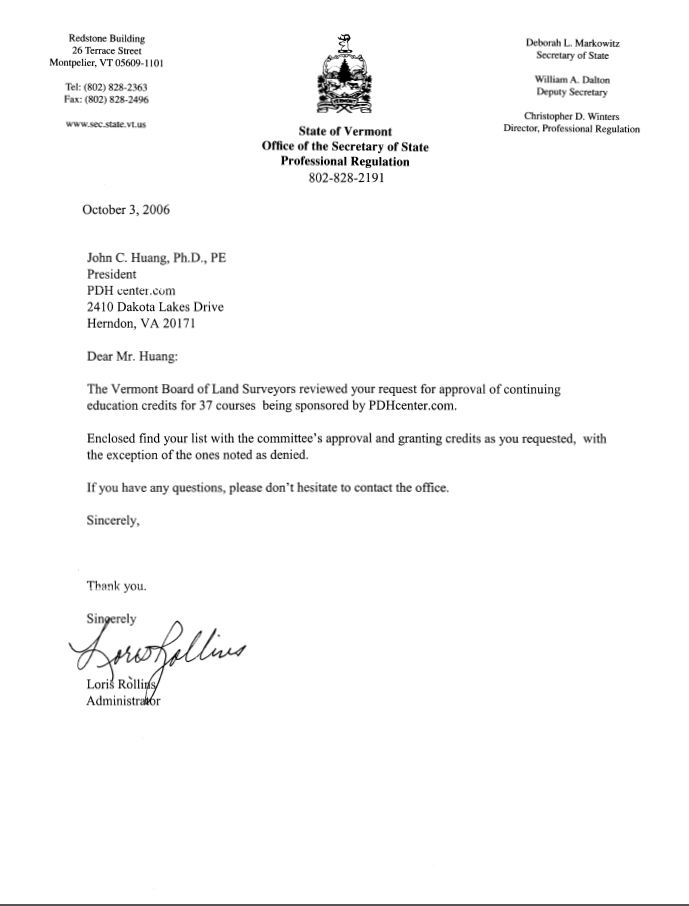 Vermont Board Approval Letter